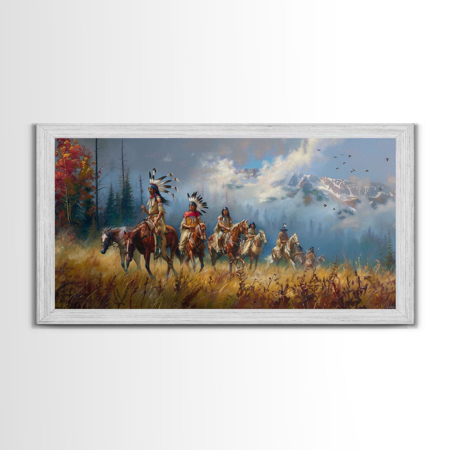Native American Warriors on Horseback in Autumn Forest, Perfect Wall Art, Framed Canvas Print Living Room or Bedroom Decor, Historical Art